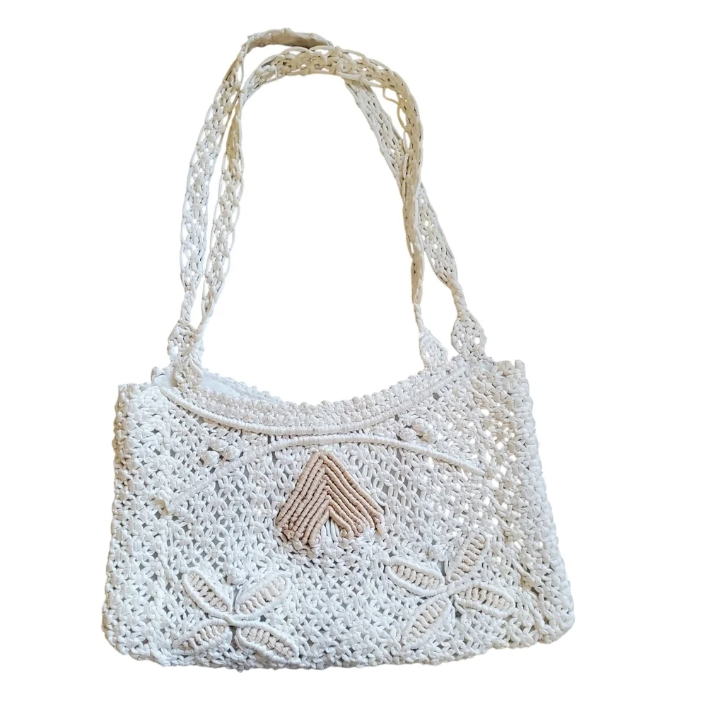 Handmade Crochet Shoulder Bag in Cream and Tan